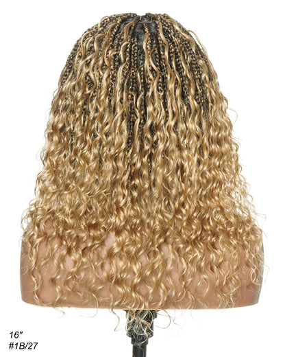 Glueless 16" Pre Cut HD Full Elastic Lace Lightweight Ready-To-Go Boho Box Braided Wig with Human Hair Boho Curls
