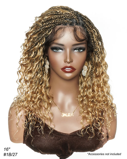Glueless 16" Pre Cut HD Full Elastic Lace Lightweight Ready-To-Go Boho Box Braided Wig with Human Hair Boho Curls
