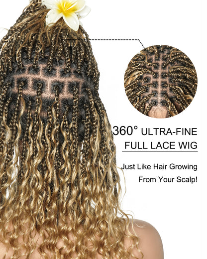 Glueless 16" Pre Cut HD Full Elastic Lace Lightweight Ready-To-Go Boho Box Braided Wig with Human Hair Boho Curls