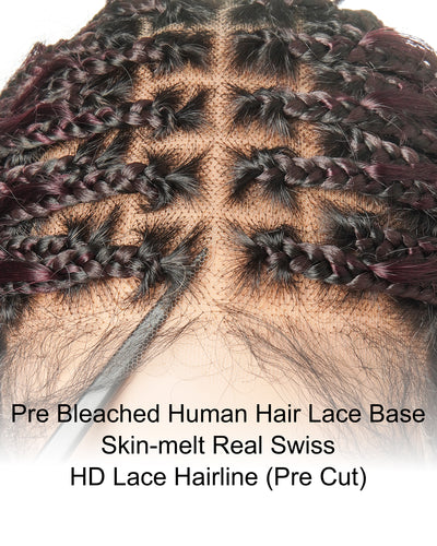 Dark Burgundy 99J Pre Bleached HD Full Lace Human Hair Boho Curls Boho Box Braided Wig 100 Strands