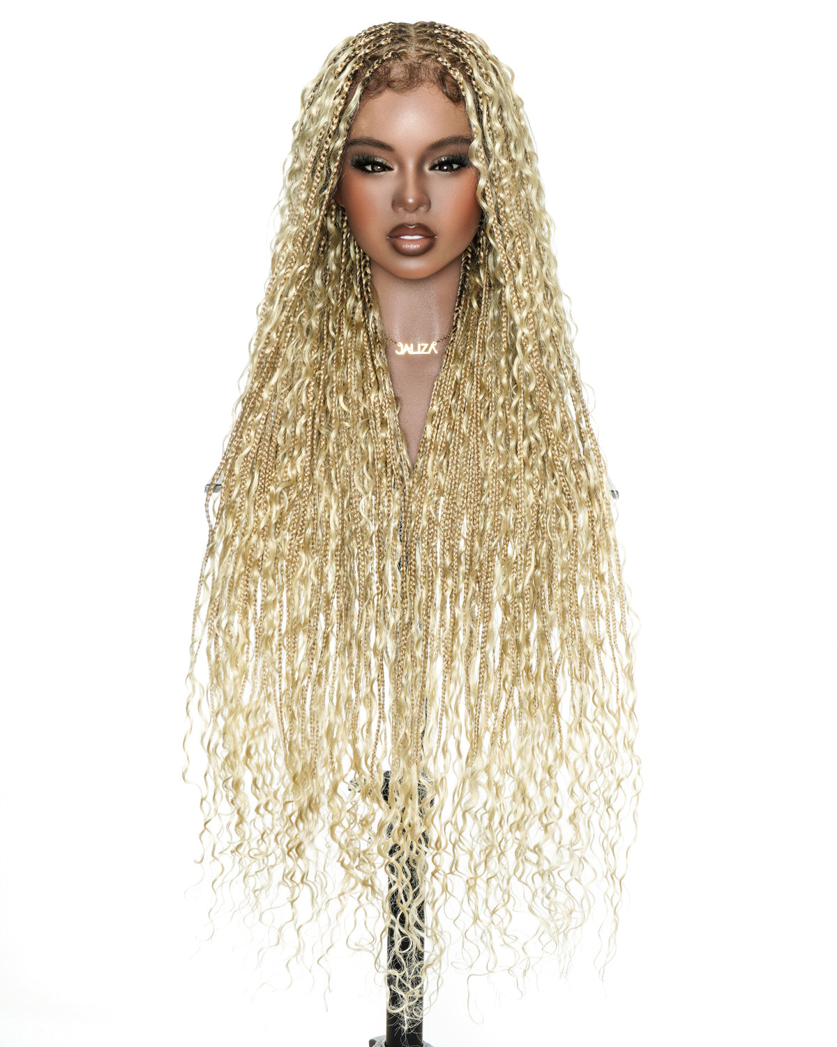 High Density Color 27/613 Pre-Bleached Swiss HD Full Lace Glueless Boho Box Braided Wig (with Human Hair Boho Curls & Drawstring)