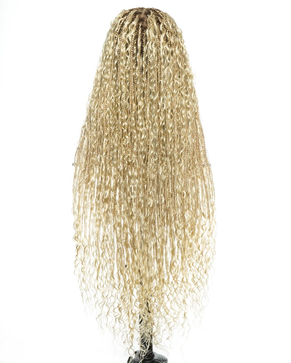 High Density Color 27/613 Pre-Bleached Swiss HD Full Lace Glueless Boho Box Braided Wig (with Human Hair Boho Curls & Drawstring)