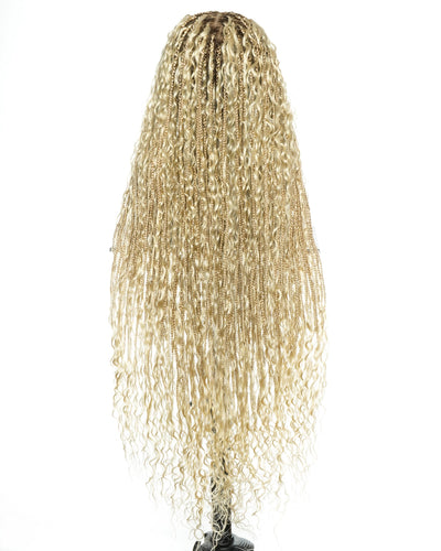 High Density Color 27/613 Pre-Bleached Swiss HD Full Lace Glueless Boho Box Braided Wig (with Human Hair Boho Curls & Drawstring)