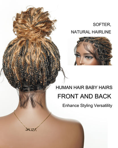 18" Blend 1B 27 613 Color HD Full Lace Human Hair Boho Curls Short Braided Wig