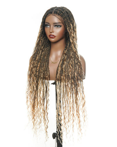 100% Hand-Tied Full Transparent Lace Human Hair Boho Curls Knotless Boho Box Braided Wig