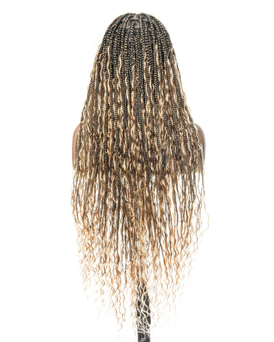 100% Hand-Tied Full Transparent Lace Human Hair Boho Curls Knotless Boho Box Braided Wig