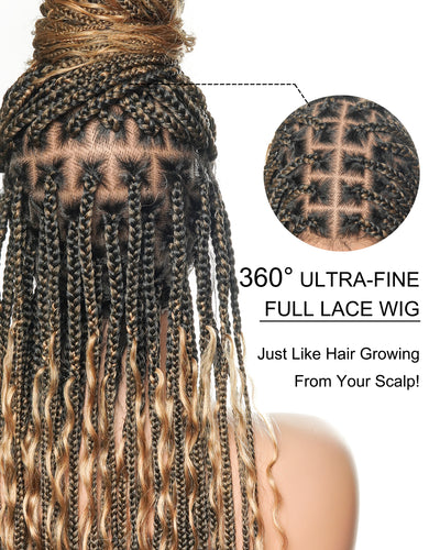 100% Hand-Tied Full Transparent Lace Human Hair Boho Curls Knotless Boho Box Braided Wig