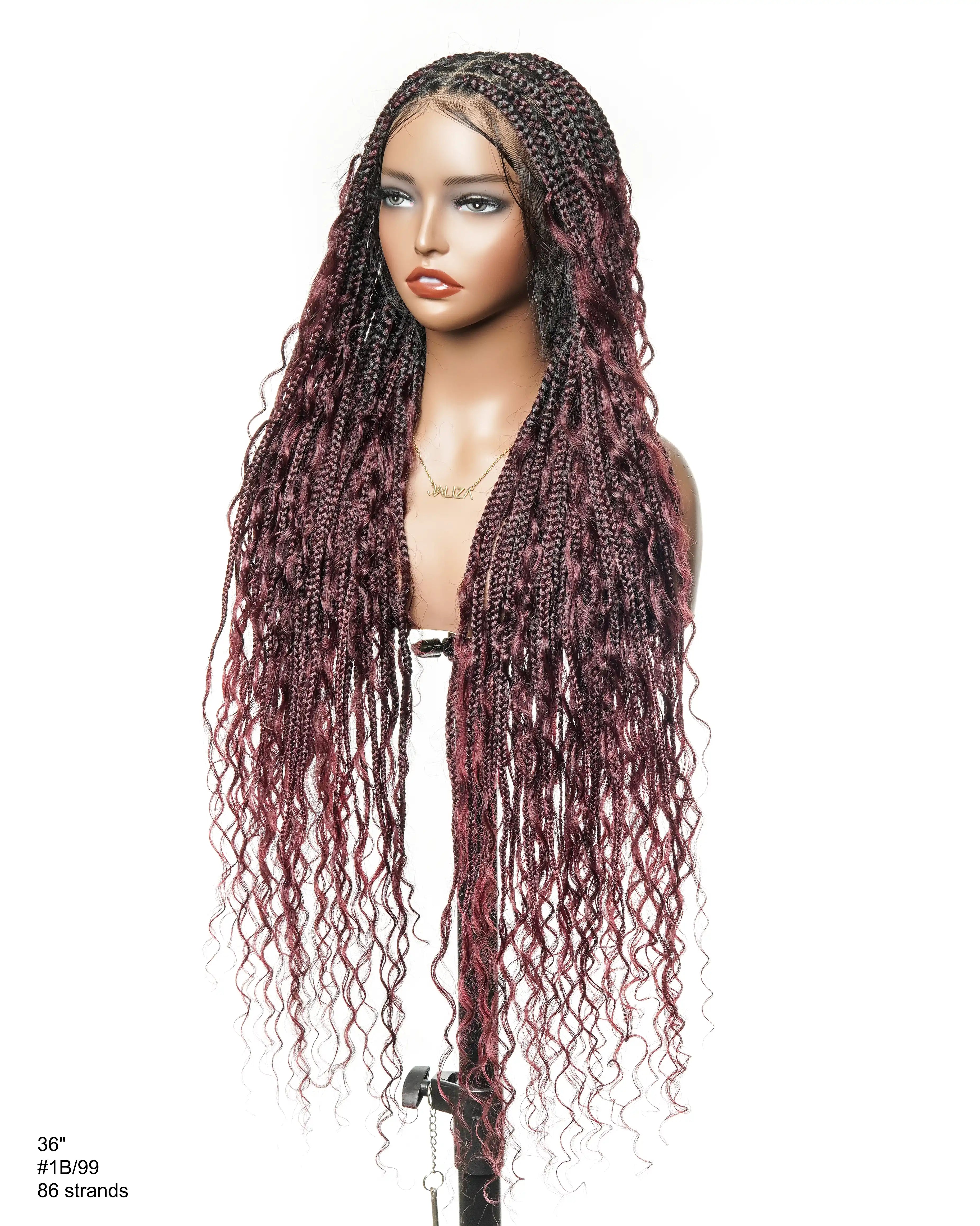 Full Transparent Lace Human Hair Boho Curls Knotless Boho Box Braided Wig 86 Strands