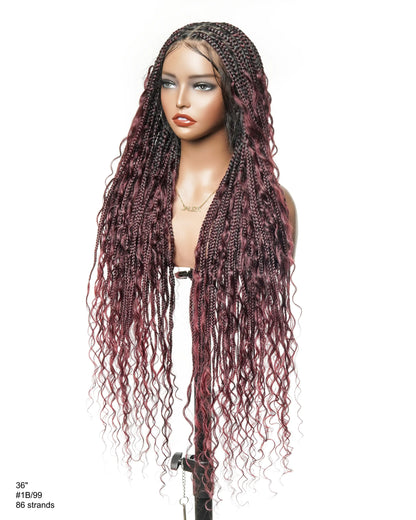 Full Transparent Lace Human Hair Boho Curls Knotless Boho Box Braided Wig 86 Strands