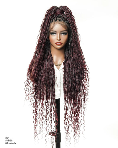 100% Hand-Tied Full Transparent Lace Human Hair Boho Curls Knotless Boho Box Braided Wig