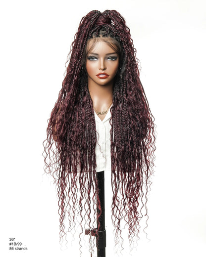 Full Transparent Lace Human Hair Boho Curls Knotless Boho Box Braided Wig 86 Strands
