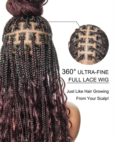 100% Hand-Tied Full Transparent Lace Human Hair Boho Curls Knotless Boho Box Braided Wig