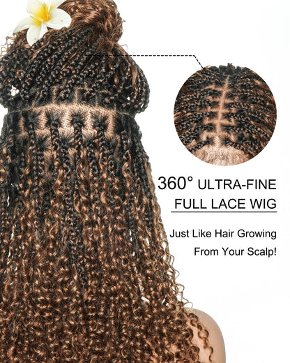 18" Pre Bleached HD Full Lace Human Hair Curly Wave Boho Box Braided Wig