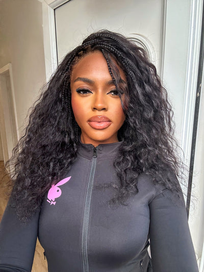 Raina - 22" Bora Bora Human Hair Wet & Wavy Curls Pre Bleached Swiss HD Full Lace Boho Braided Wig