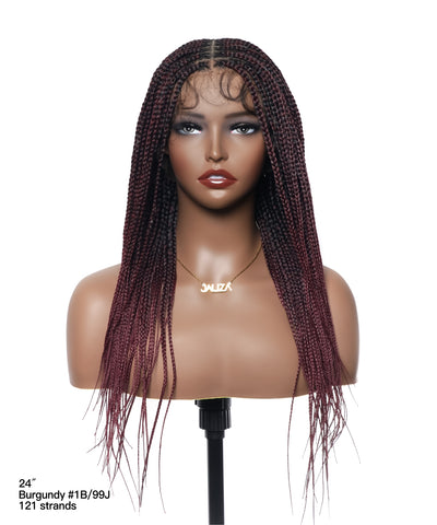 A pre-bleached human hair lace wig with a knotless box braided pattern displayed on a mannequin head.