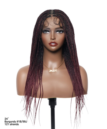 A pre-bleached human hair lace wig with a knotless box braided pattern displayed on a mannequin head.