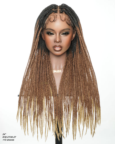 JALIZA 24-inch faux locs wig displayed on a mannequin, dark roots transitioning into brown and blonde ombre tones, pre-bleached Swiss HD full lace front with baby hairs, text overlay reads "24\" #1B-27/30-27 110 strands".