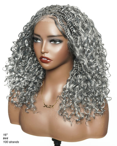 16" Salt & Pepper Deep Wave Curls Glueless HD Full Lace Boho Box Braided Wig – Human Hair & Synthetic Blend