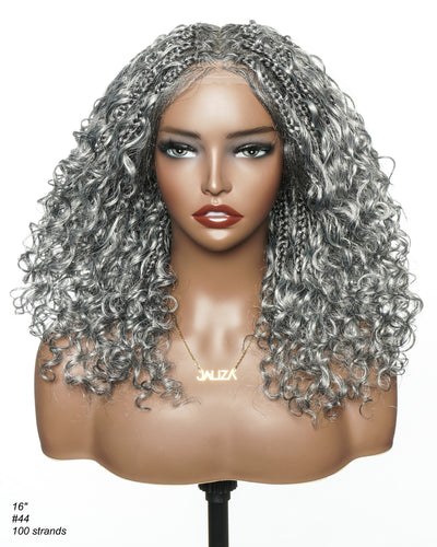 16" Salt & Pepper Deep Wave Curls Glueless HD Full Lace Boho Box Braided Wig – Human Hair & Synthetic Blend