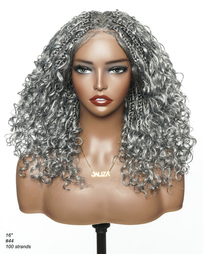 16" Salt & Pepper Deep Wave Curls HD Full Lace Boho Box Braided Wig – Human Hair & Synthetic Blend