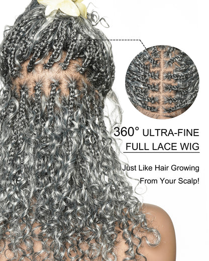 16" Salt & Pepper Deep Wave Curls HD Full Lace Boho Box Braided Wig – Human Hair & Synthetic Blend