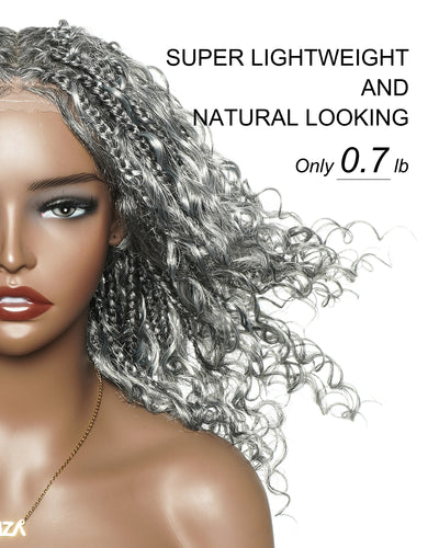 16" Salt & Pepper Deep Wave Curls Glueless HD Full Lace Boho Box Braided Wig – Human Hair & Synthetic Blend