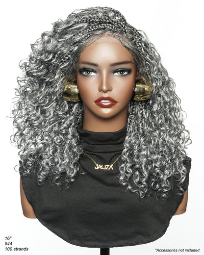 16" Salt & Pepper Deep Wave Curls HD Full Lace Boho Box Braided Wig – Human Hair & Synthetic Blend