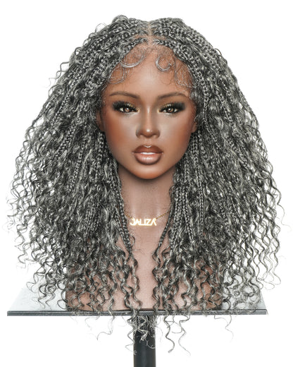 18" Water Wave Salt & Pepper Swiss HD Full Lace Braided Wig