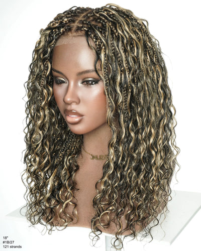 Kiki - Peluca de encaje completo suizo HD sin pegamento de 45 cm, cabello humano rizado, trenzas bohemias, color negro