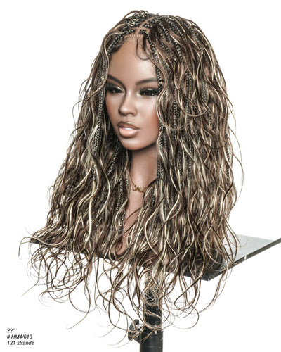 Michelle - Salon-Style Glueless Miracle Braided Wig Pre-Bleached Swiss HD Full Lace Boho Box Braids Bora Bora Human Hair Body Wave Curls