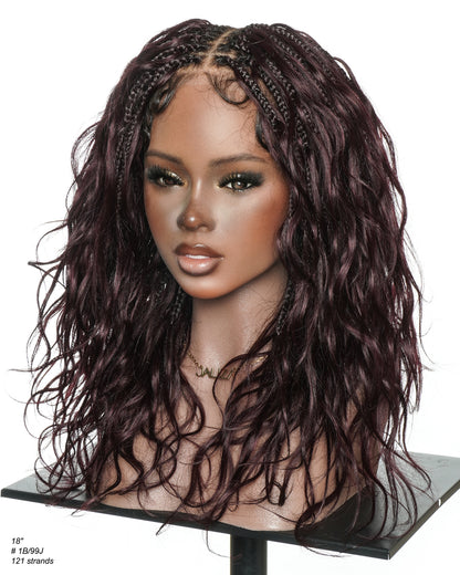 Michelle - Dark Burgundy Human Hair Curls Swiss HD Full Lace Boho Box Braided Wig