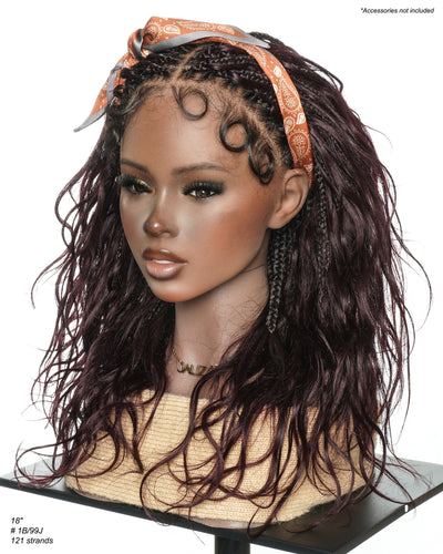 Michelle - Dark Burgundy Human Hair Curls Swiss HD Full Lace Boho Box Braided Wig