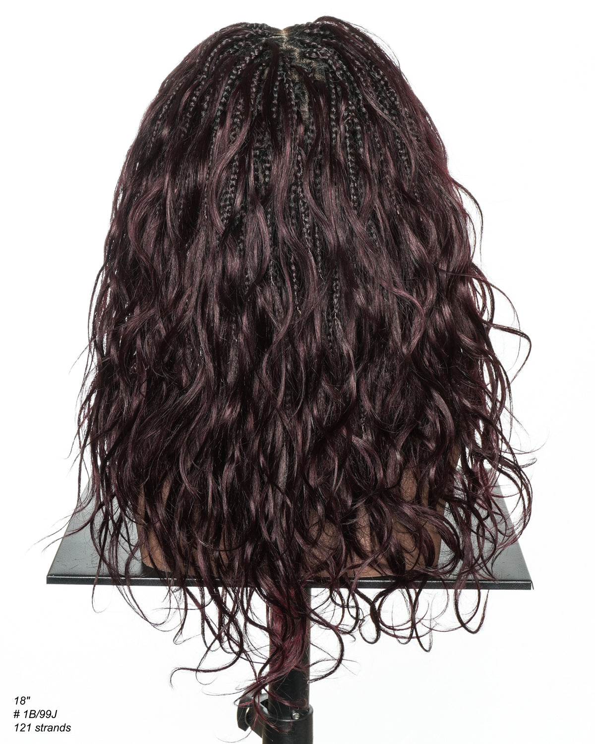 Michelle - Dark Burgundy Human Hair Curls Swiss HD Full Lace Boho Box Braided Wig