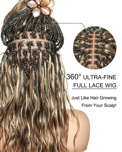Michelle - Salon-Style Glueless Miracle Braided Wig Pre-Bleached Swiss HD Full Lace Boho Box Braids Bora Bora Human Hair Body Wave Curls