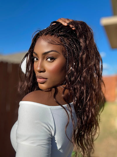 Michelle - Salon-Style Glueless Miracle Braided Wig Pre-Bleached Swiss HD Full Lace Boho Box Braids Bora Bora Human Hair Body Wave Curls