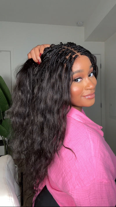 Michelle - Salon-Style Glueless Miracle Braided Wig Pre-Bleached Swiss HD Full Lace Boho Box Braids Bora Bora Human Hair Body Wave Curls