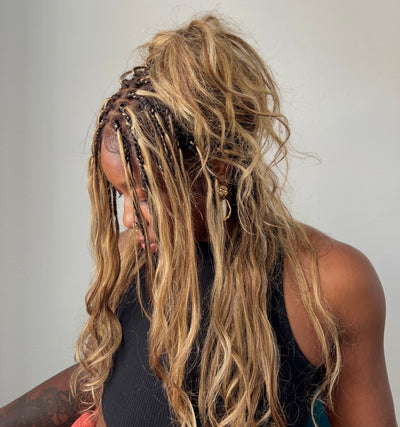 Michelle - Salon-Style Glueless Miracle Braided Wig Pre-Bleached Swiss HD Full Lace Boho Box Braids Bora Bora Human Hair Body Wave Curls