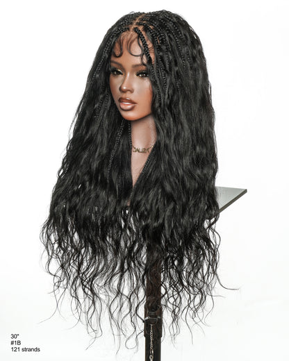Michelle Luxury 30" 250 Density Pre Bleached HD Full Lace Bora Bora Boho Box Braided Wig With Human Hair Boho Curls