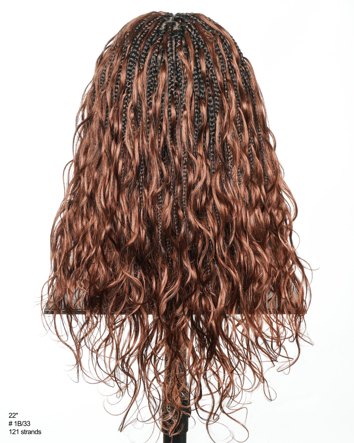 Michelle - 18" Dark Auburn Brown Color #33 Human Hair Body Wave Curls Pre Bleached HD Full Lace Knotless Boho Box Braided Wig