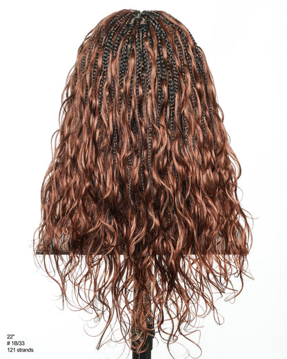 Michelle - 18" Dark Auburn Brown Color #33 Human Hair Body Wave Curls Pre Bleached HD Full Lace Knotless Boho Box Braided Wig