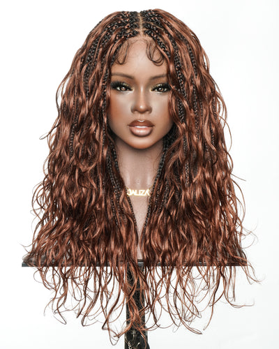 Michelle - Dark Auburn Brown Color #33 Glueless Human Hair Body Wave Curls Pre Bleached HD Full Lace Knotless Boho Box Braided Wig