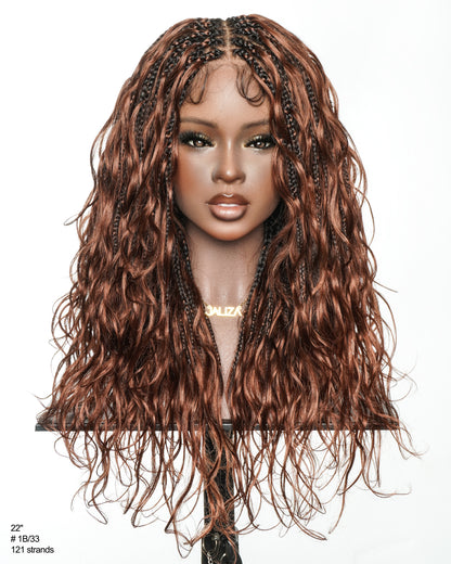 Michelle - 18" Dark Auburn Brown Color #33 Human Hair Body Wave Curls Pre Bleached HD Full Lace Knotless Boho Box Braided Wig