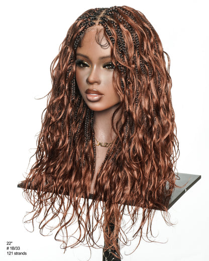 Michelle - 18" Dark Auburn Brown Color #33 Human Hair Body Wave Curls Pre Bleached HD Full Lace Knotless Boho Box Braided Wig