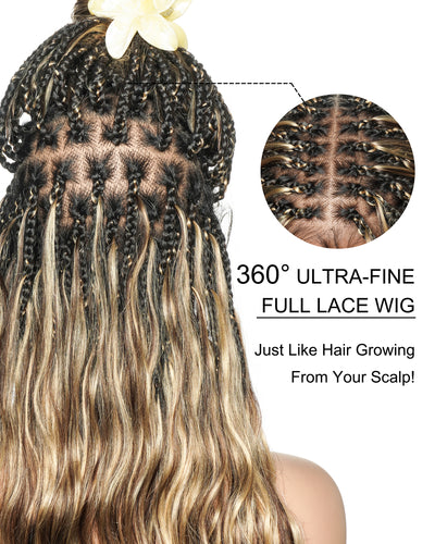 Michelle - Salon-Style Glueless Miracle Braided Wig Pre-Bleached Swiss HD Full Lace Boho Box Braids Bora Bora Human Hair Body Wave Curls