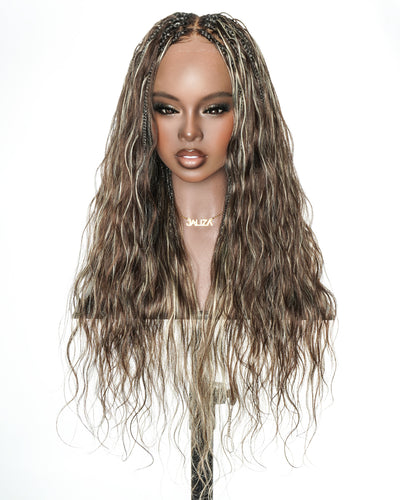 Michelle - Salon-Style Glueless Miracle Braided Wig Pre-Bleached Swiss HD Full Lace Boho Box Braids Bora Bora Human Hair Body Wave Curls