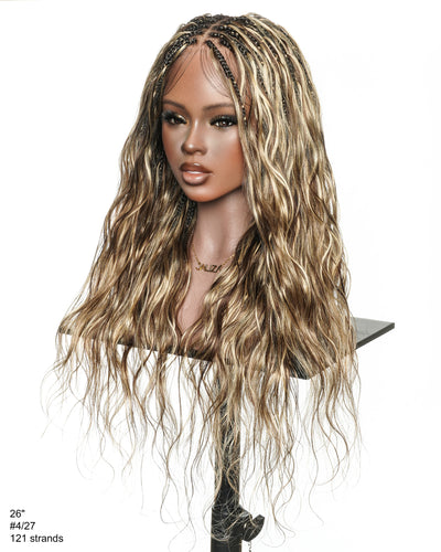 Michelle - Salon-Style Glueless Miracle Braided Wig Pre-Bleached Swiss HD Full Lace Boho Box Braids Bora Bora Human Hair Body Wave Curls