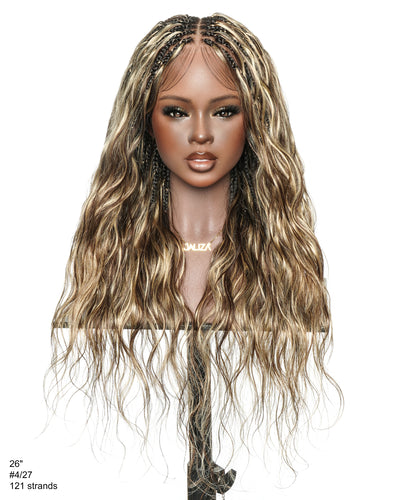 Michelle - Salon-Style Glueless Miracle Braided Wig Pre-Bleached Swiss HD Full Lace Boho Box Braids Bora Bora Human Hair Body Wave Curls