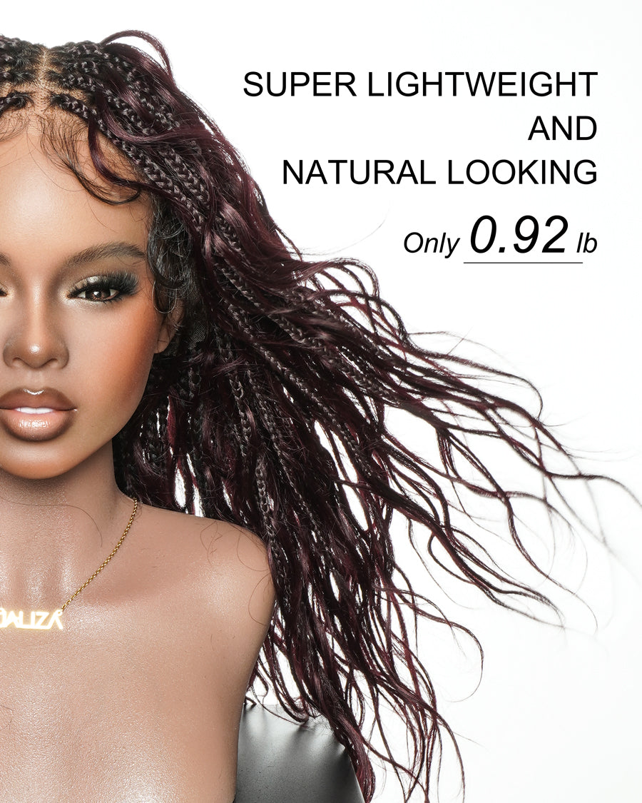 Michelle - Dark Burgundy Human Hair Curls Swiss HD Full Lace Boho Box Braided Wig
