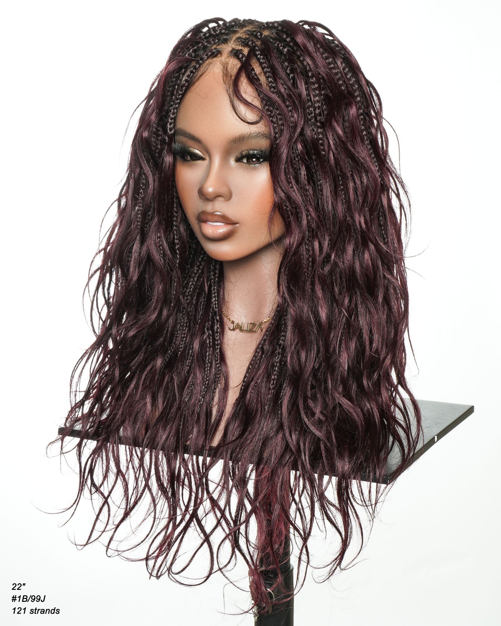 Michelle - Dark Burgundy Human Hair Curls Swiss HD Full Lace Boho Box Braided Wig