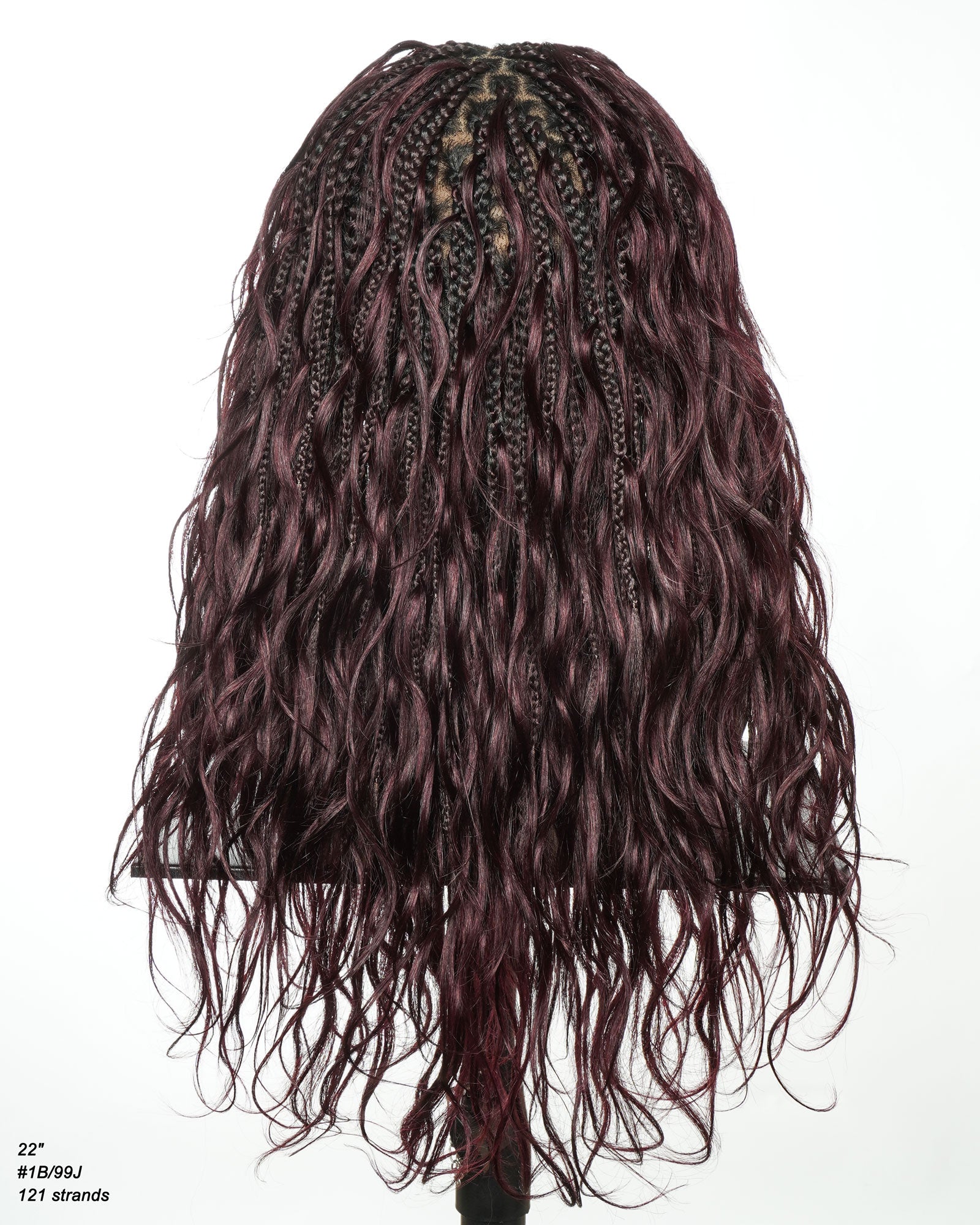 Michelle - Dark Burgundy Human Hair Curls Swiss HD Full Lace Boho Box Braided Wig